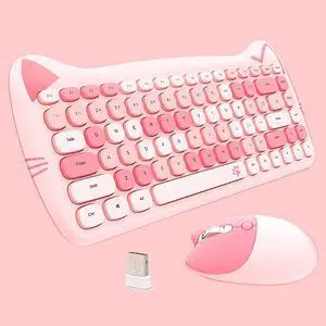 Cute Cat Keyboard and Mouse Combo Wireless, Kawaii Keyboard and Mouse for Girls and Kids, Soundless Colorful Keys, Compatible with Notebook, PC (Pink-84Keys)