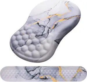 Mouse Pad Wrist Support 2 in1 Keyboard Wrist Rest+ Ergonomic Mouse Pad Non-Slip Wrist Rest for Computer Keyboard Made Easy Typing & Relieve Wrist Pain(White Gold Gray Marble)