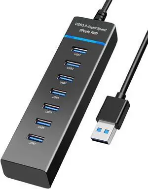USB Hub 3.0 7-Ports, USB Hub Splitter Extender 5Gbps Data with 4ft Cable, for Laptop, PC, MacBook, Mac Pro/Mini, iMac, Surface Pro, Windows, Flash Drive, Mobile HDD