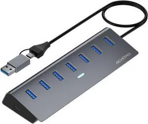 7 USB Hub 3.0  Built in USB A & USB C to USB Adapter with Multiple USB Port for PC, Mac, MacBook Pro, iMac & Desktop - Aluminium Alloy High-Speed Extra USB Port & Computer USB Hub (7 PORTS)