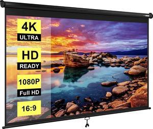 100 Inch Manual Pull Down Projector Screen 16:9 HD Retractable Widescreen for Movie Home Theater Cinema Office Video Game Black