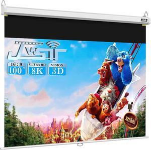 Projector Screen Pull Down 100 inch Manual Pull Down Projector Screen-Upgraded 3 Layers PVC 16:9 Auto-Locking Retractable Projector Screen for Movie Home Theater Cinema Office Video Game