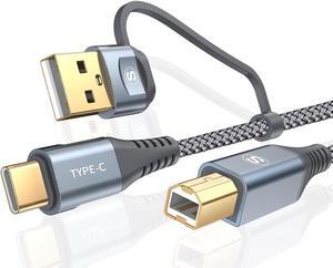 USB-B to USB-C/A Printer Cable [2-IN-1 6.6FT] USB C MIDI Cable Nylon Braided High-Speed Printer Cord for MacBook Pro/Air Casio Digital Piano MIDI Controller HP Canon Dell Epson Brother Samsung&More
