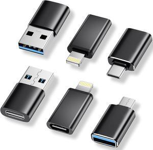 6 Pack [USB C to USB]&[USB A to USB C]&[USB C to Lightning] USB to USB C Adapter Female SuperSpeed Data Transfer & Fast Charging Converter for iPhone Samsung iPad Laptop PC-Black