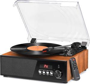 Vinyl Record Player with Speakers Bluetooth Turntable Support FM Radio USB Convert & Playback Remote Control AUX RCA Headphone 3 Speed Belt-Driven Vintage Vinyl Player Auto-Stop