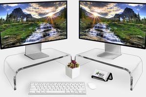 AMT 2 Pack Acrylic Laptop Monitor Stand & Computer Riser with Cat Keyboard Protector, Space-Saving Design, Extra Storage, Clear Shelf - Ideal for Monitors, Laptops, Printers, Desktop Decor