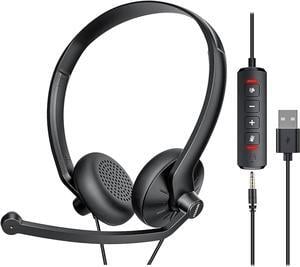 USB Headset with Microphone for PC Laptop - Wired Computer Headphones with Noise Cancelling Microphone for Home Office Online Class Skype Zoom Meetings in Line Mute Controls