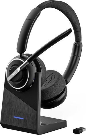 Bluetooth Headset, V5.2 Wireless Headset with AI Noise Cancellation Microphone, On Ear Headphones with Charging Base and Bluetooth Adapter, for Computer Home Office Call Center Zoom Skype