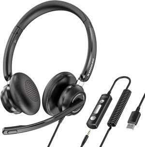 USB Headset with Upgraded Protein Earmuffs and Speaker Diameter 3.5mm Wired Computer Headsets with Noise Cancelling Microphone in Line Controls Work Headset for Skype Zoom Tablet Laptop