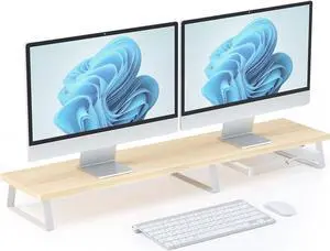 Large Dual Monitor Stand Riser - Monitor Stand for 2 Monitors, Wooden Computer Stand For Desk with Metal Legs, Desk Organizers and Storage With Drawer, Desk Shelf for Computer/Laptop/Printer/TV, Oak