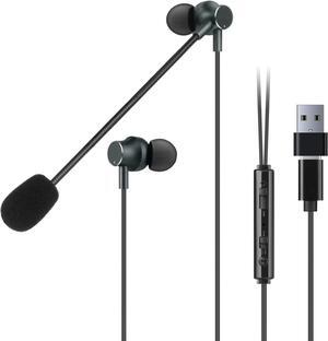 USB Earbuds with Boom Mic for Computers and Smartphones in-Ear Headphones with USB-A & USB-C Connectivity for Laptop Desktop PS 4 5 Compact & Lightweight 4.9FT