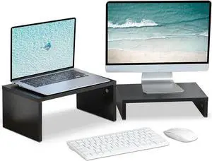 TEAMIX 2 Pack Black Monitor Stand Riser,Wood 2 Tier Adjustable Monitor Stand Dual Monitor Riser for 2 Monitors/Laptop/PC Computer Stand Desktop Space Saver