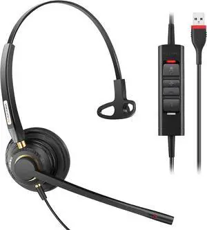 USB Headset with Microphone Noise Cancelling & Audio Controls Single Ear (Monaural) Ultra Comfort USB Headset with Mic for Pc Computer Laptop Business Skype UC Webinar Call Center Office