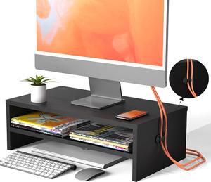 Monitor Stand - 2 Tier Computer Monitor Riser with 16.7 Inch Shelf Wood Desktop Stand for Laptop Computer Screen Desk Organization Office Supplies Black