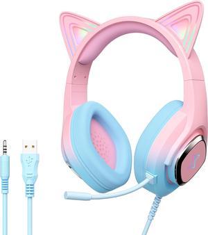 Mytrix Cat Ear Gaming Headset Compatible with PS4, PS5, Xbox, PC, MAC, Switch, Gradient Pink Blue Wired Gaming Headphones with 360° Rotation Microphone, Surround Sound, Soft Earmuff, RGB Light Effect