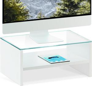 2 Tier Glass Monitor Stand Riser White Monitor Stand for Desk Clear Stand for Computer/Laptop/Printer Wood Desktop Shelf Organizer for Storage