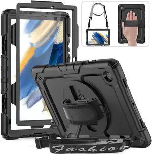 for  Galaxy Tab A8 Case 10.5 Full Body Protective with Rotating Hand Strap/Screen Protector/Built-in Stand, Sturdy Shockproof  A8 Tablet Case 2022 SM-X200/X205/X207, Black