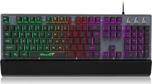 Gaming Keyboard Rainbow Backlit Wired Keyboard 104 Keys Full Size with Wrist Rest Splash-Proof Design Compatible for Computer PC Laptop Xbox