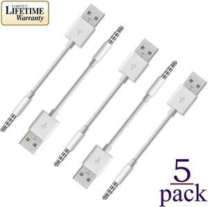 x5 Pcs 3.5mm Male AUX Plug to USB Male Adapter - Data Sync & Charging Cable Converter Headphone Audio Extender Jack Compatible with iPod Shuffle & Others Devices [ 5 Pack - White ]