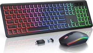 Wireless Keyboard and Mouse Combo - RGB Backlit, Rechargeable & Light Up Letters, Full-Size, Ergonomic Tilt Angle, Sleep Mode, 2.4GHz Quiet Keyboard Mouse for Mac, Windows, Laptop, PC,
