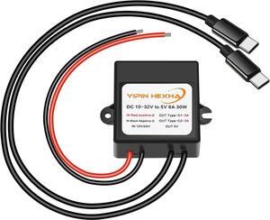 DC 12V/24V to 5V 6A 30W Dual Type-C USB C Converter DC-DC Buck Charging Module Electric Step Down Power Adapter Compatible with Raspberry Pi 4 Cellphone Car