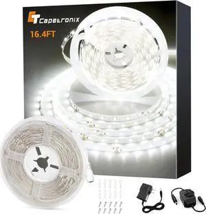 White LED Strip Light 16.4 Feet 24 Volt LED Light Strip White 6000K-6500K Daylight Super Bright LED Tape Light for Bedroom Kitchen Closet Cabinet Mirror IndoorDimmer Included