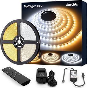 White LED Strip Lights Dimmable 26ft 24V 3000K-6500K LED Tape Rope Light with Remote Flexible 2835 LED Ribbon for Kitchen Under Cabinet Bedroom Mirror Indoor Home Daylight Warm White