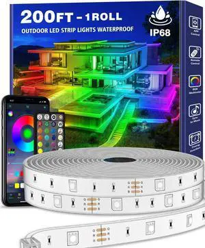 200ft Outdoor LED Strip Lights Waterproof 1 Roll IP68 Outside Led Light Strips Waterproof with App and Remote Music Sync RGB Exterior Led Rope Lights with Self Adhesive Back for Deck Balcony Pool