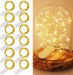 12 Pack Fairy Lights Battery Operated (Included) 6.5ft 20 LED Mini String Lights Waterproof Silver Wire Firefly Starry Lights for DIY Wedding Christmas Party Mason Jars Decor Warm White