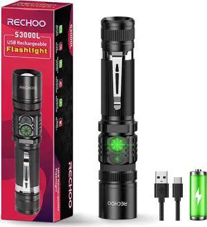 Rechargeable Flashlights High Lumens Double Switch S3000L LED Flashlight Super Bright 5 Modes Zoomable Waterproof EDC Flashlights for Home Emergncies Camping(Battery Included)