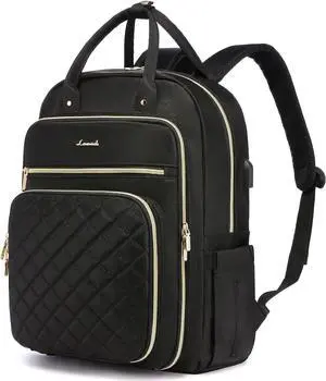 Laptop Backpack for Women Water Resistant Travel Work Black Backpacks Purse Business Teacher Nurse Computer Bag with USB Charging Port Fits 15.6 Laptop
