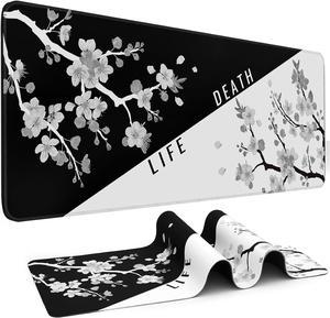 Mouse Pad Gaming Keyboard Pad 31.5 x 11.8in Black White Cherry Blossom Anime Gaming Mouse Pad for Desk with Anti-Slip Rubber Base and Stitched Edges Japanese Life Death Keyboard Mat