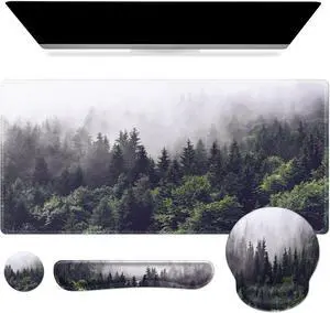 Desk Mat Gaming Mouse Pad Wrist Support Set 4in1 XXL Large Mousepad + Keyboard Wrist Rest+Mouse Wrist Rest+Coaster Set with Ergonomic Design for Home Office Table Computer-Forest
