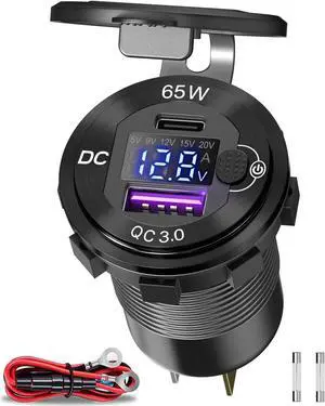 Qidoe Aluminum 12V USB Laptop Charger Socket with 65W PD USB-C, 18W QC3.0 Car USB Port and Digital Voltmeter Smart Boost 12V Socket for Car, RV, Marine, Boat, Moto