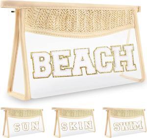 Clear Makeup Letter Patch Makeup Bag BEACH Pouch Boho Clear Sunscreen Bags for Beach Travel Small Cute Chenille Letter Cosmetic Zipper Pouch Purse Transparent Waterproof Beach Toiletry Bag(BEACH)