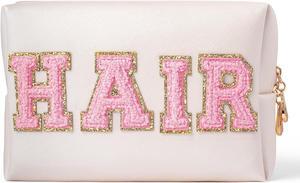 Preppy Patch HAIR Letter Cosmetic Toiletry Bag PU Leather Portable Makeup Bag Sewn with Felt Varsity Letter Patches Waterproof Zipper Pouch Travel Organizer for Women Girls Teen(Shell Gold)