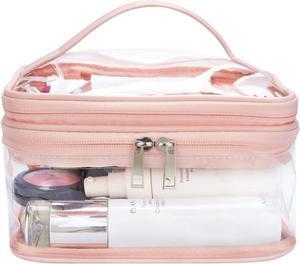 Double Layer Clear Cosmetic Bag Makeup Bag Waterproof Travel Toiletry Bag Transparent PVC Hair & Nail Accessories Pouch Beach Bag Organizer (Pink)