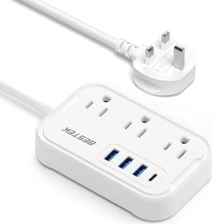 BESTEK UK Travel Plug Adapter: US to UK Plug Adapter - Type G Adapter and Converter Power Strip with 3 AC Outlets and 4 USB(1 PD20W) - for USA to UK Ireland Scotland Hong Kong British London 2.6ft