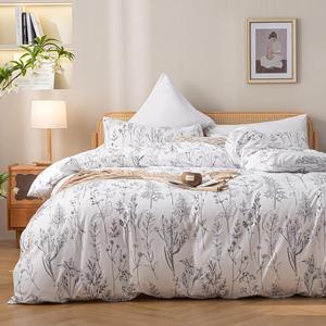 3pcs White Comforter Set Soft Microfiber Bedding Plant Flowers Printed Comforter with 2 Pillow Cases for All Seasons(Queen)