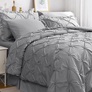Queen Comforter Set 7 Pieces Pintuck Gray Bed in a Bag Comforter Set for Bedroom Beddding Sets with Comforter Sheets Ruffled Shams & Pillowcases