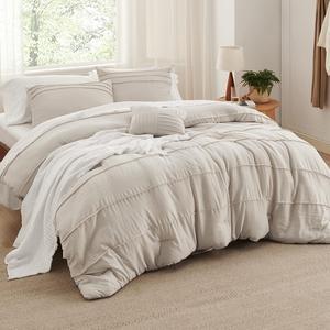 Beige Queen Comforter Set - 4 Pieces Pinch Pleat Bed Set Down Alternative Bedding Sets for All Season Includes 1 Comforter 2 Pillowcases and 1 Decorative Pillow