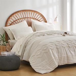 White Tufted Comforter Set King Size 7 Piece Bed in a Bag Shabby Chic Boho Comforter and Sheet Set Pom Pom Textured Bed Set All Season Soft Microfiber Complete Bedding Set(White King)