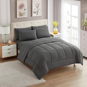 7 Piece Comforter Set Bag Solid Color All Season Soft Down Alternative Blanket & Luxurious Microfiber Bed Sheets Gray Full