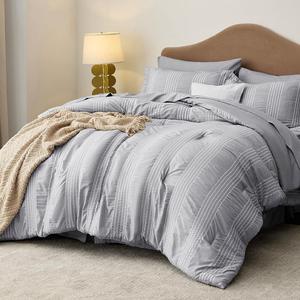 Full/Queen Comforter Sets 7 Pieces Bed in a Bag - Stripes Seersucker Bedding Set with Comforter Flat Sheet Fitted Sheet Pillow Shams Pillowcases