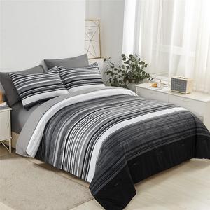 7 Piece Bed in a Bag Stripe Comforter Set Full Size White Grey Black Patchwork Striped Comforter and Sheet Set All Season Soft Microfiber Complete Bedding Sets(Grey Full)