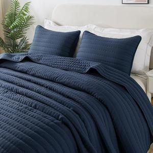 Navy Blue Queen Size Quilt Bedding Sets with Pillow Shams Mustard Full Lightweight Soft Bedspread Coverlet Quilted Blanket Thin Comforter Bed Cover for All Season 3 Pieces 90x90 inches