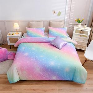 6Pcs Gradient Glitter Bedding Set for Girls Twin Size Colorful Rainbow Galaxy Comforter Set Ultra Soft Bedding Sets Pink