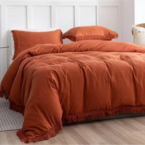 Comforter Set Queen Size Terracotta 3 Pcs Boho Fringe Tufted Soft Microfiber Bedding Sets Tassel Burnt Orange Comforter Sets for All Season (1 Comforter + 2 Pillowcases)