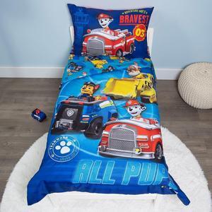 Calling All Pups 4 Piece Toddler Bedding Set C Includes Comforter Sheet Set C Fitted + Top Sheet + Reversible Pillowcase for Boys Bed Blue