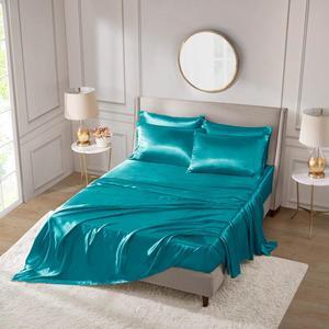 Satin Sheet Set Luxury and Silky with Natural Sheen Elastic 14 Pocket fits up to 16 Mattress All Around Elastic - Year-Round Bedding Full Teal 6 Piece
